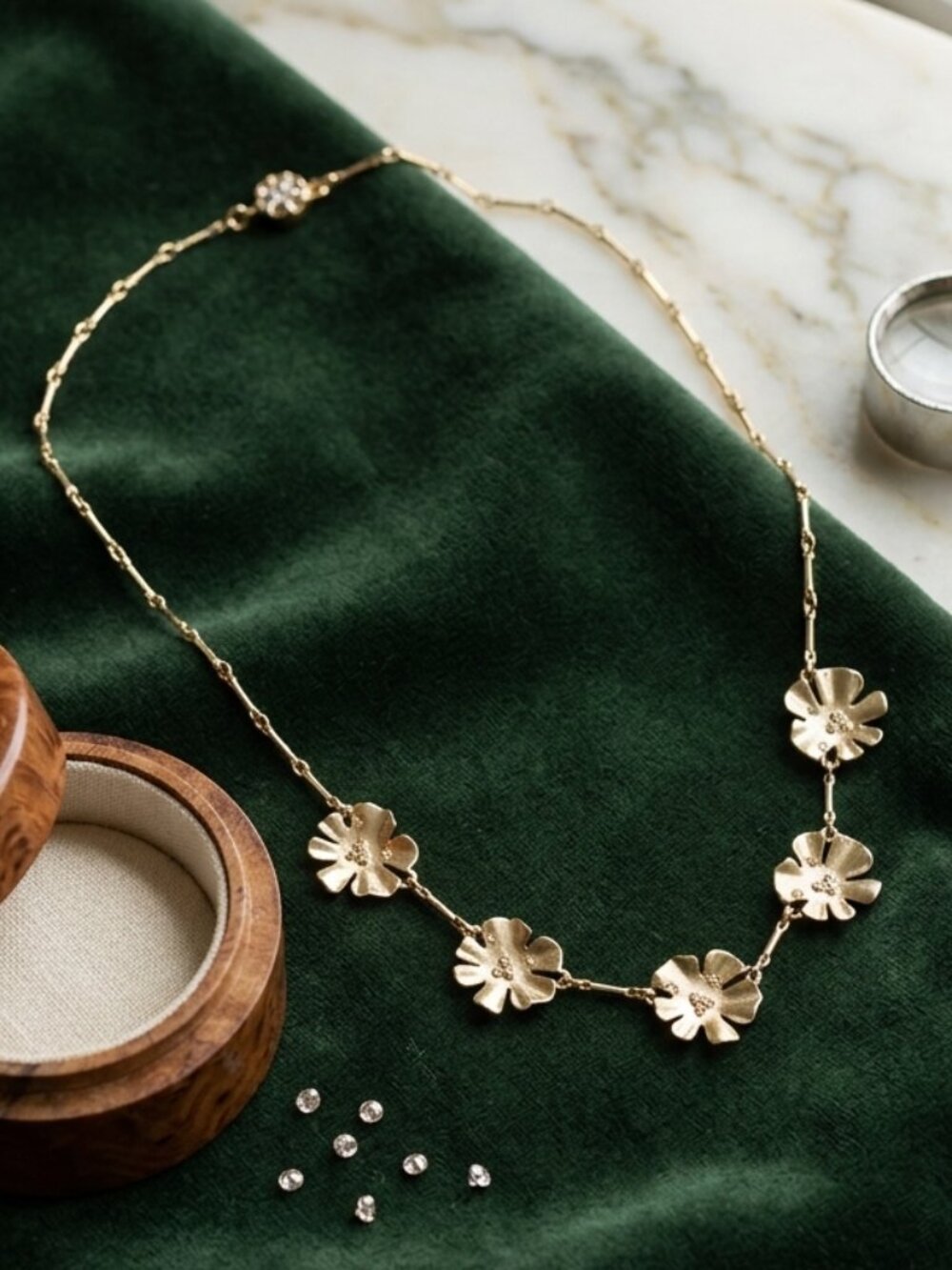 Vintage Floral Station Necklace with Rhinestones